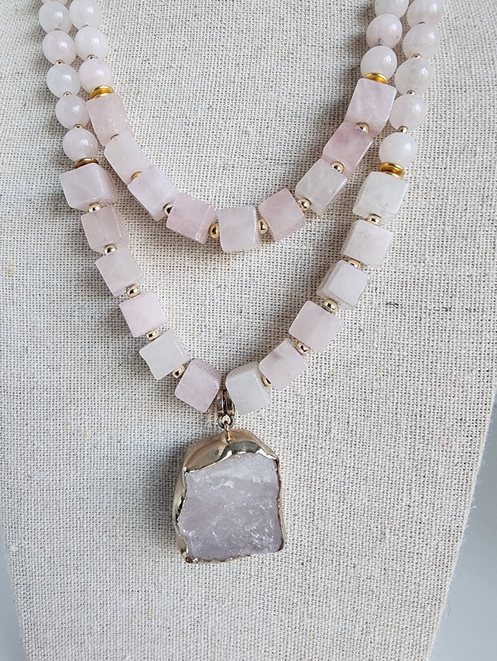 Rose Quartz Statement Necklace Double Strand Raw Stone Pendant 18" - Picture 2 of 5